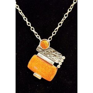 **NEW High End Large Silver Textured Orange Enamel Modernist Pendant Necklace**